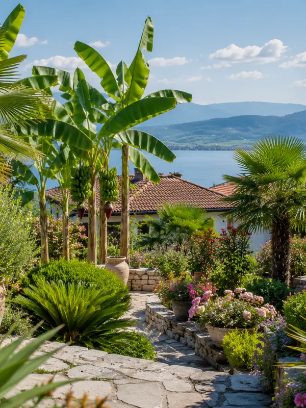 Mediterraner Garten mit Palmen und anderen Exoten