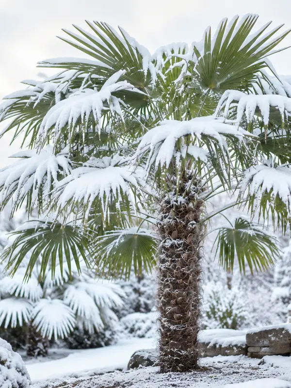 Palme mit Vliesschutz im Winter