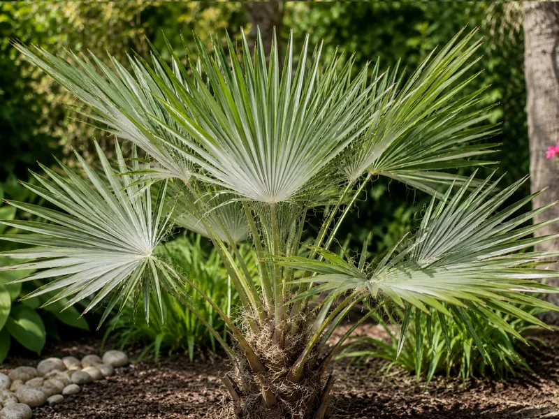 Trachycarpus princeps – Stone Gate Palm mit weißen Blattunterseiten