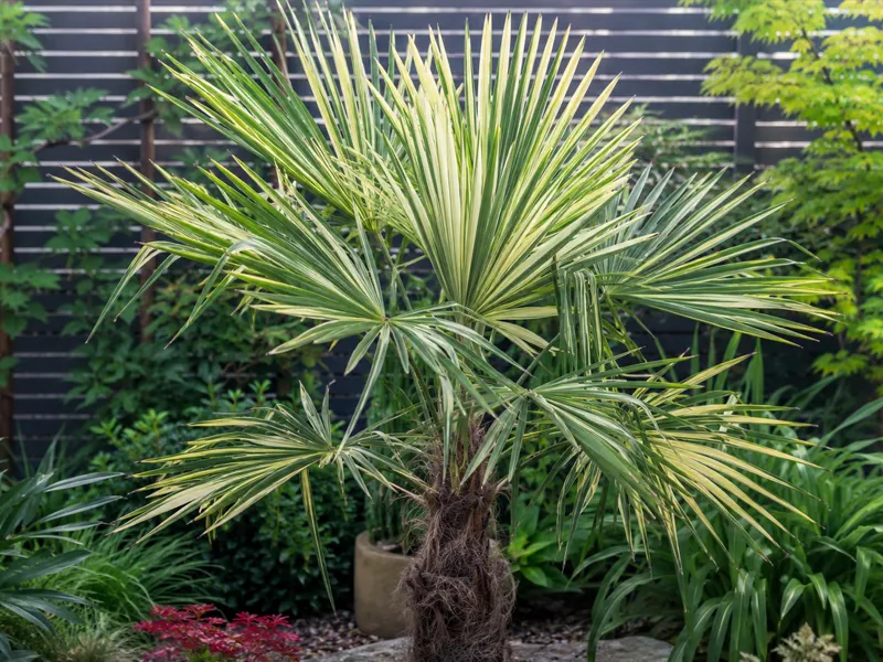 Trachycarpus fortunei Variegata – variegierte Hanfpalme mit cremeweißen Blattstreifen