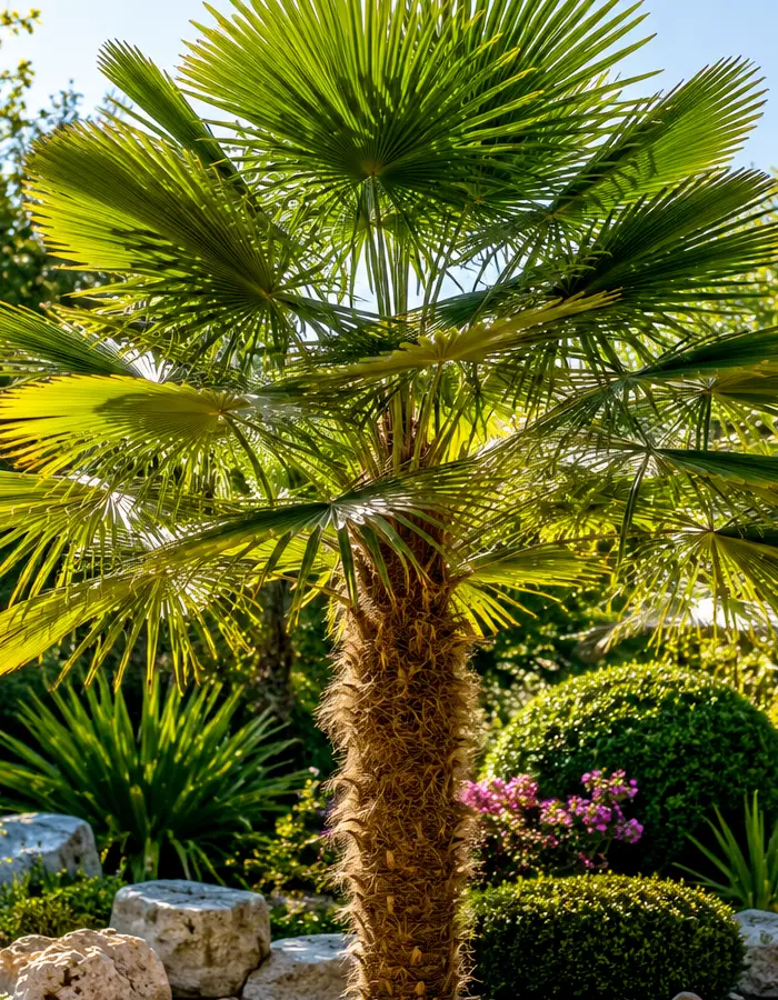 Detailaufnahme des charakteristischen faserigen Stamms einer ausgewachsenen Trachycarpus fortunei